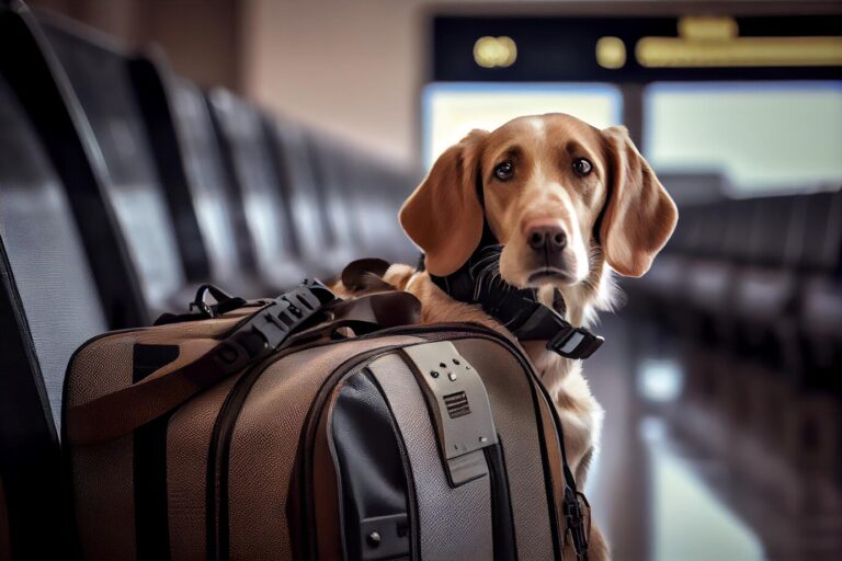dog waiting to travel in airport